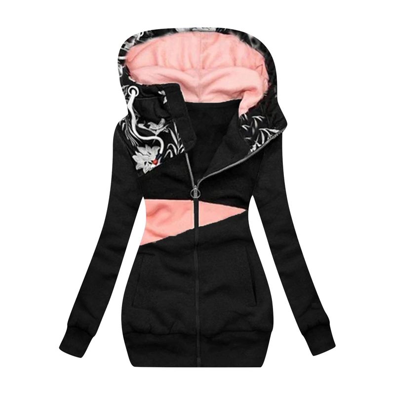 Women's Sweater Zipper Color Block Printed Hooded Long Sleeve Jacket_voghion.com