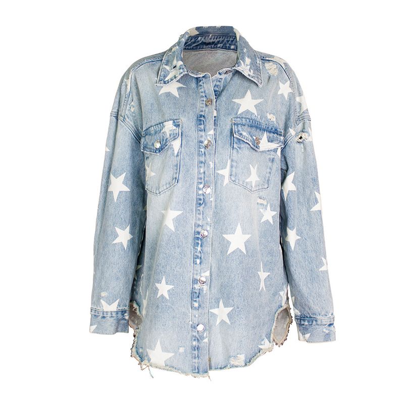 Damen-Jeansjacke mit Sternenmuster, langen Ärmeln, lockerer Strickjacke_voghion.com