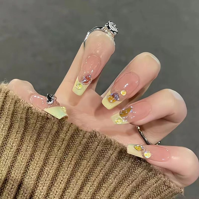 Ballerina Lange 24-delige nepnagels Volledige dekking nageltips Gele Franse kunstnagels met Aurora Strass Druk op_voghion.com