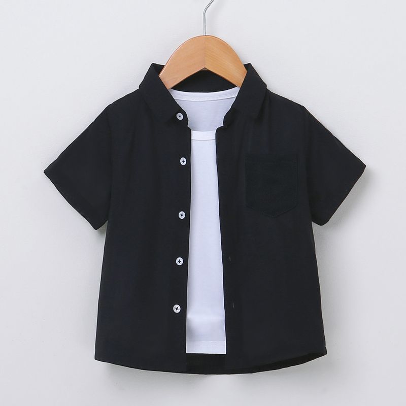 Neu Kinder Schwarz Jungen Baby Sommer Gentleman Strickjacke Kurzarm Academy Stil Hemd_voghion.com