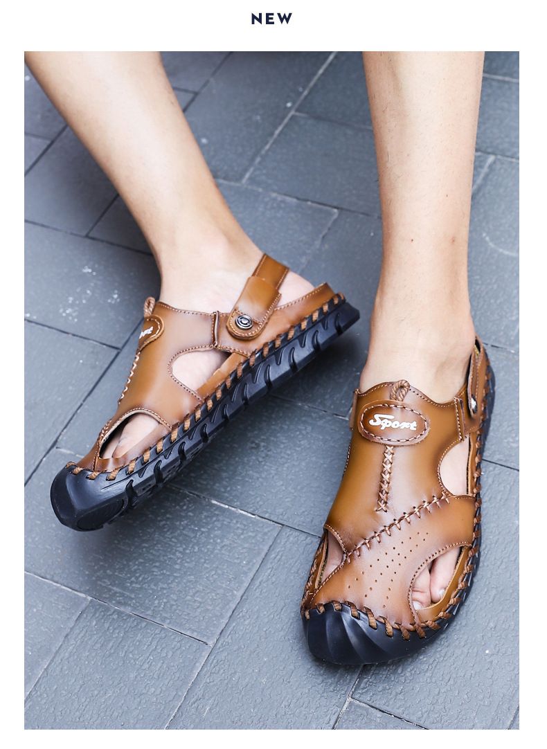 2025 Neue Sandalen mit oberer Schicht, echtes Leder, lässige Sommer-Strandschuhe aus atmungsaktivem Leder, Baotou-Herrenschuhe_voghion.com