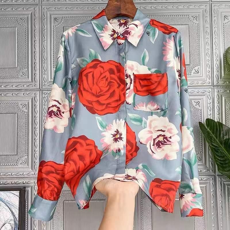 Cămașă de damă din imitație de mătase grea, cu mânecă lungă și rever din mătase de dud imprimată_voghion.com