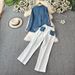 Damenbekleidung, Freizeitkleidung, schmaler zweiteiliger Anzug für Damen, modisches Revers, langärmeliges Patchwork-Oberteil, Hose mit weitem Bein, Jeansanzug_voghion.com