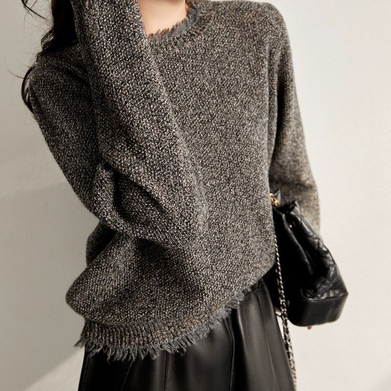 ragazza Eleganza autoconsistente Paillettes lucide Materiale di lana selezionato Bordo con frange Maglione lavorato a maglia girocollo per donna Autunno_voghion.com