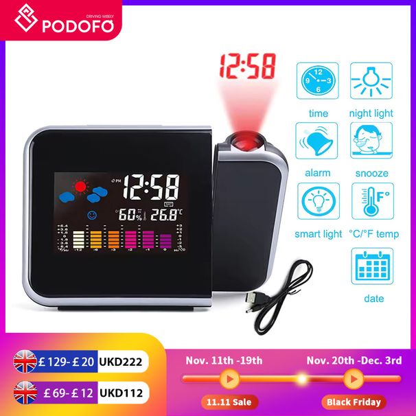 Podofo Table Color Display With Time Projection Digital Alarm Clock Rotatable Weather Station_voghion.com