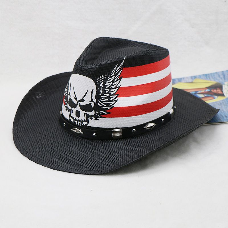  western cowboy hat black men's outdoor hat skull curled style straw hat_voghion.com