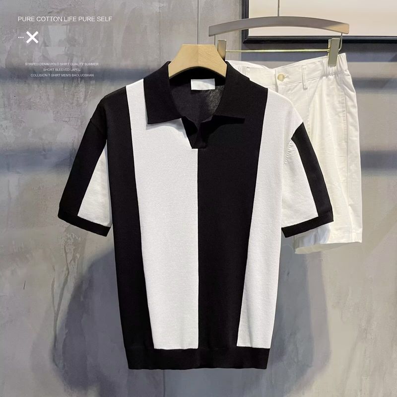 Polo da uomo in seta ghiacciata con risvolto, a maniche corte, a righe, in tinta unita, traspirante, fresco, sottile, a mezza manica_voghion.com