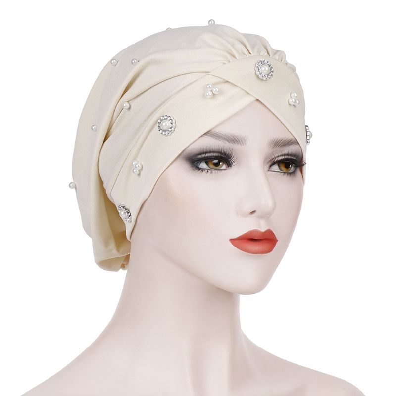 Women's Hats Forehead Cross Fold Daisy Beaded Turban Hat Nightcap Chemotherapy Hat Muslim Baotou Hat_voghion.com