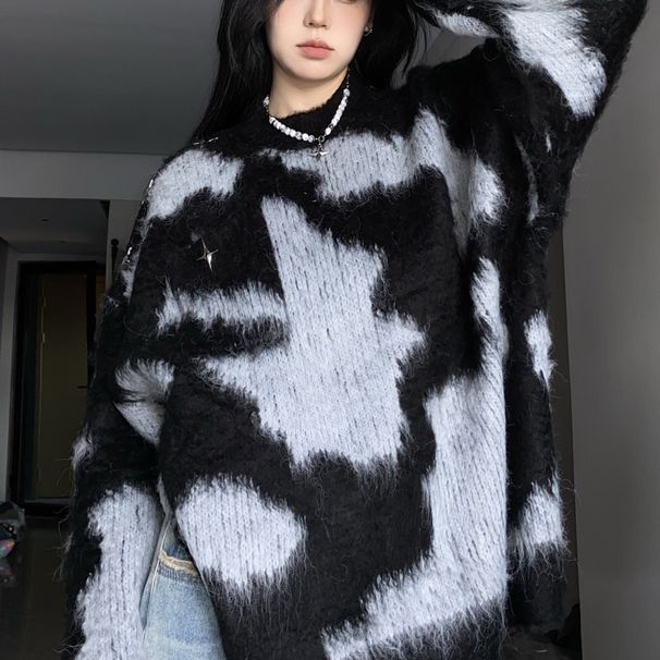 Pull ample en maille color-block, coupe printemps-automne, col rond oversize, tendance mode décontractée pour femme_voghion.com