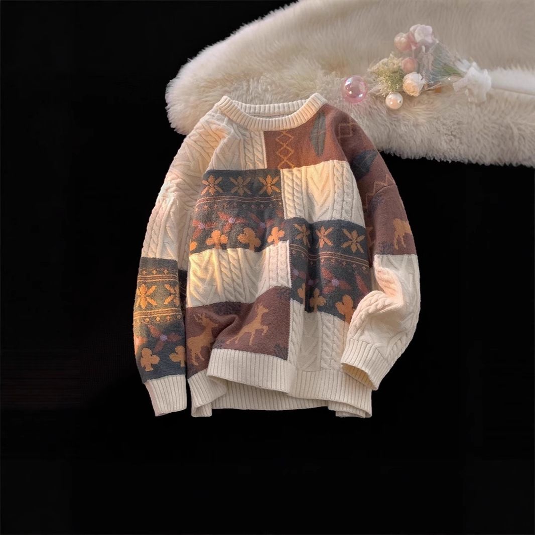 Oversize-Pullover im Vintage-Stil im japanischen Stil – Kuscheliger Winterpullover mit Farbblockdesign, Rundhalsausschnitt und lockerer Passform für Freizeit- und Weihnachtsoutfits_voghion.com