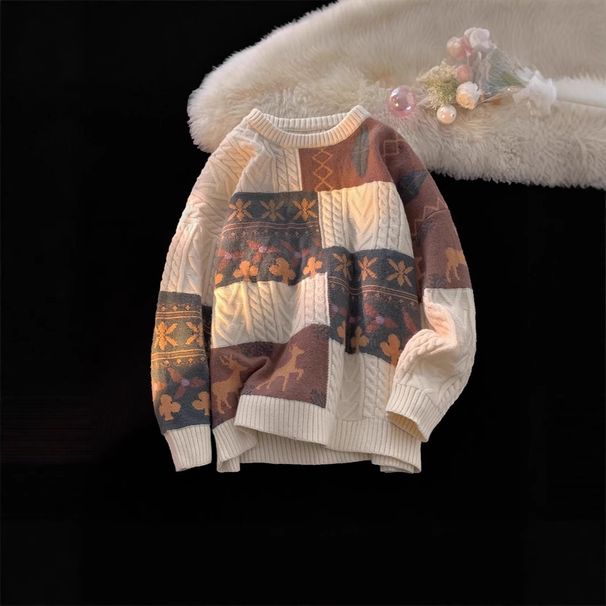 Oversize-Pullover im Vintage-Stil im japanischen Stil – Kuscheliger Winterpullover mit Farbblockdesign, Rundhalsausschnitt und lockerer Passform für Freizeit- und Weihnachtsoutfits_voghion.com