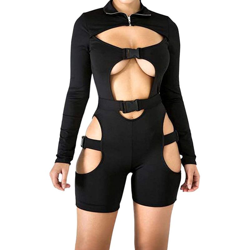 Happybuyner Damen-Bodysuit, figurbetont, einfarbig, hoher Kragen, Schnalle, Ausschnitt, Biker-Strampler, lange Ärmel, Reißverschluss, hohl, Clubwear-Body_voghion.com