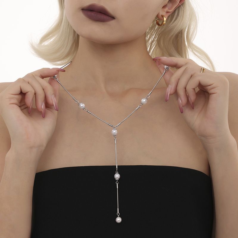 Colar feminino Omeka de aço inoxidável com pérolas em formato de Y, outono e inverno, clavícula, corrente, luz, borla_voghion.com