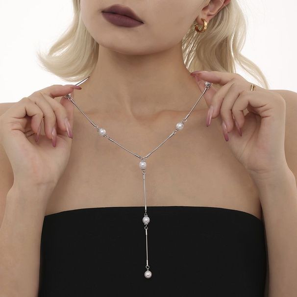 Colar feminino Omeka de aço inoxidável com pérolas em formato de Y, outono e inverno, clavícula, corrente, luz, borla_voghion.com