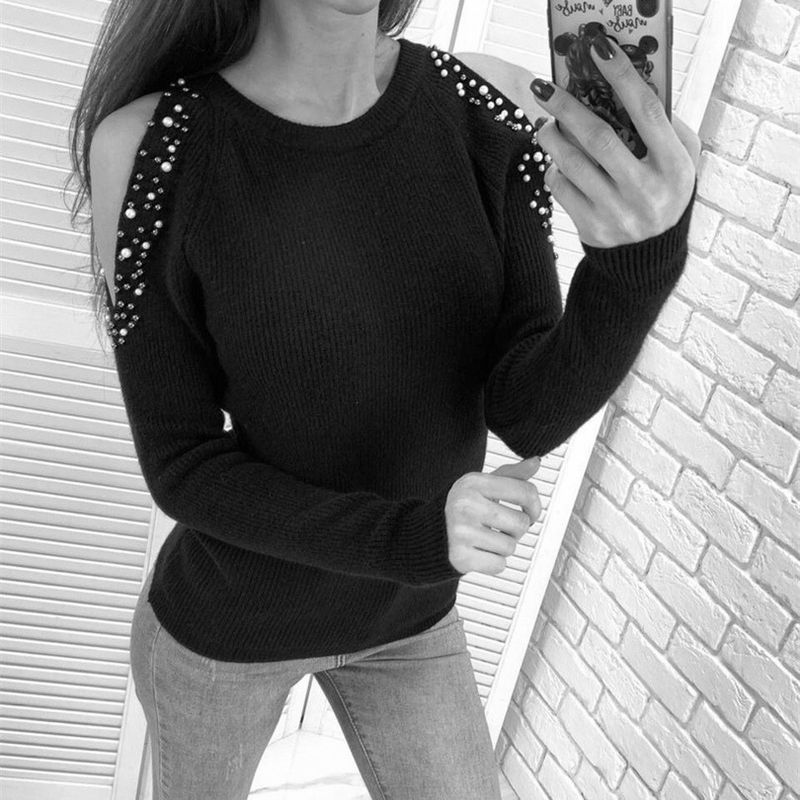 2024 autumn and winter new solid color nail bead round neck pullover long sleeved open shoulder knitted women's base_voghion.com
