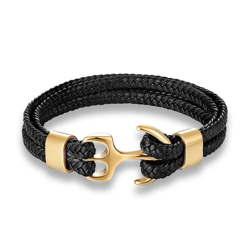 Bracciale in acciaio inossidabile con ancora intrecciata in pelle di mucca nera da uomo in titanio, 1 pezzo_voghion.com