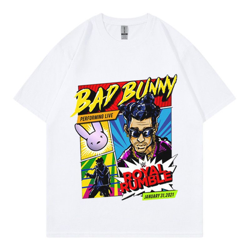 Hip hop singer badbunny printed short sleeved T-shirt Men's trendy street loose fitting couple casual high street T-shir_voghion.com