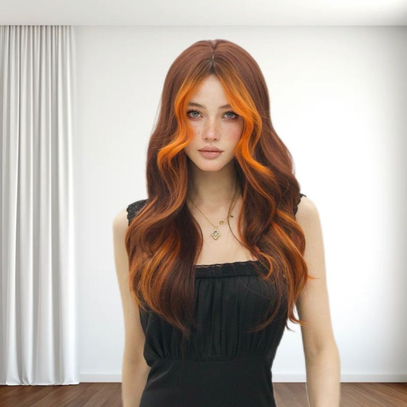 Einteilige Modeperücke für Damen mit Pony, voller Kopfbedeckung, farbenfrohes Flammenorange, langes lockiges Haar_voghion.com