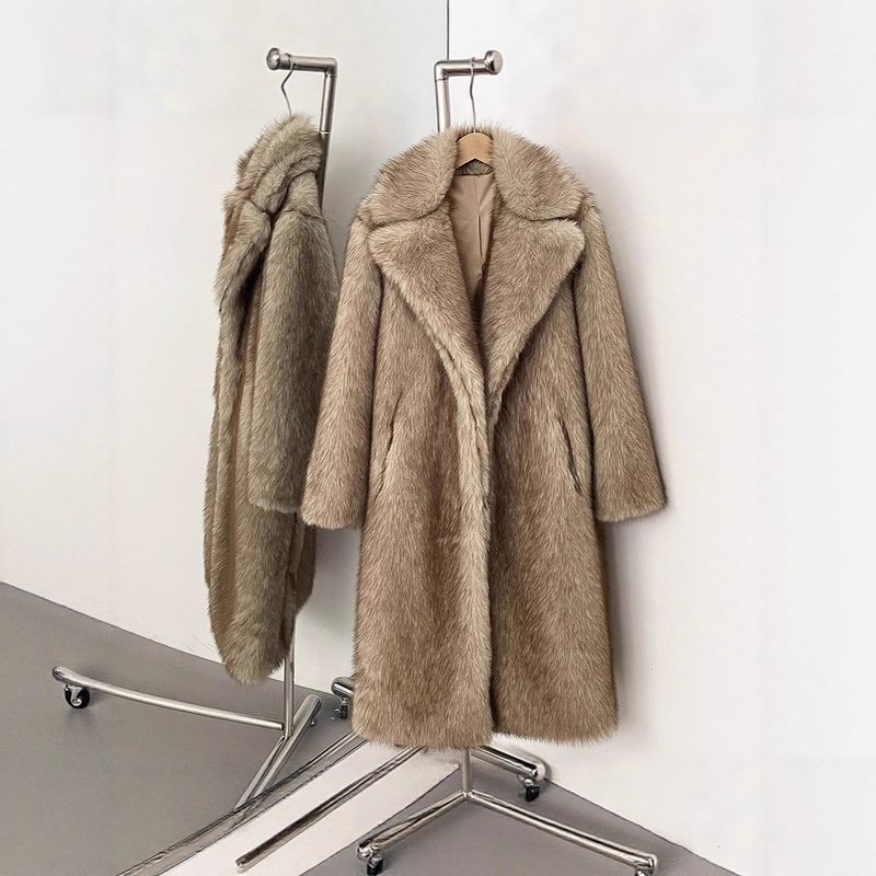 Élégant manteau long en fausse fourrure – Manteau oversize à col blazer crème/blanc/café (taille S à L, trench vegan, vêtement d'extérieur intemporel)_voghion.com