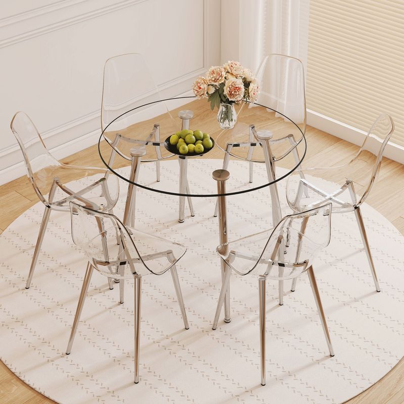 Table And Chair Set.39.7-inch Diameter Circular Dining Table: Transparent Glass Paired With Silver Table Legs,with 6 Transparent Dining Chairs: A Stylish Combination That Showcases Elegant Style._voghion.com
