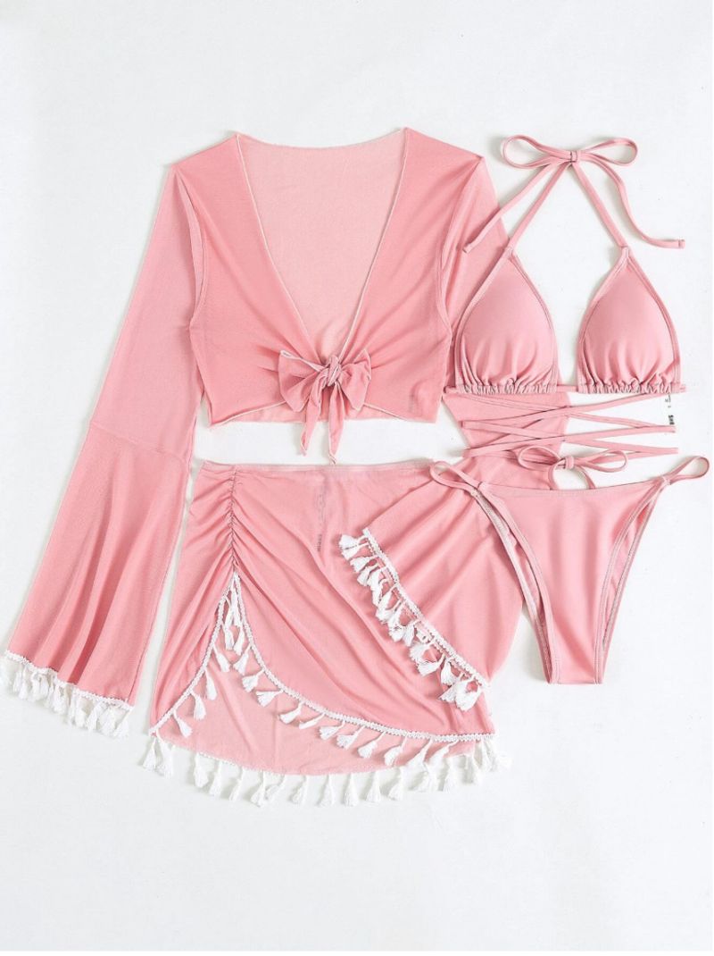 2024 Nuovo costume da bagno da donna diviso in tre quattro pezzi tinta unita nappa con lacci maniche lunghe Instagram Croce Rossa_voghion.com