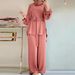 Elegante effen moslim tweedelige set voor dames met top met mouwen en wijde broek | Casual dagelijkse outfit voor dames_voghion.com