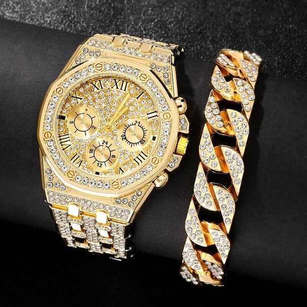 Men's luxury stainless steel gold bracelet, hip-hop diamond, large dial, business, quartz watch, fashionable_voghion.com