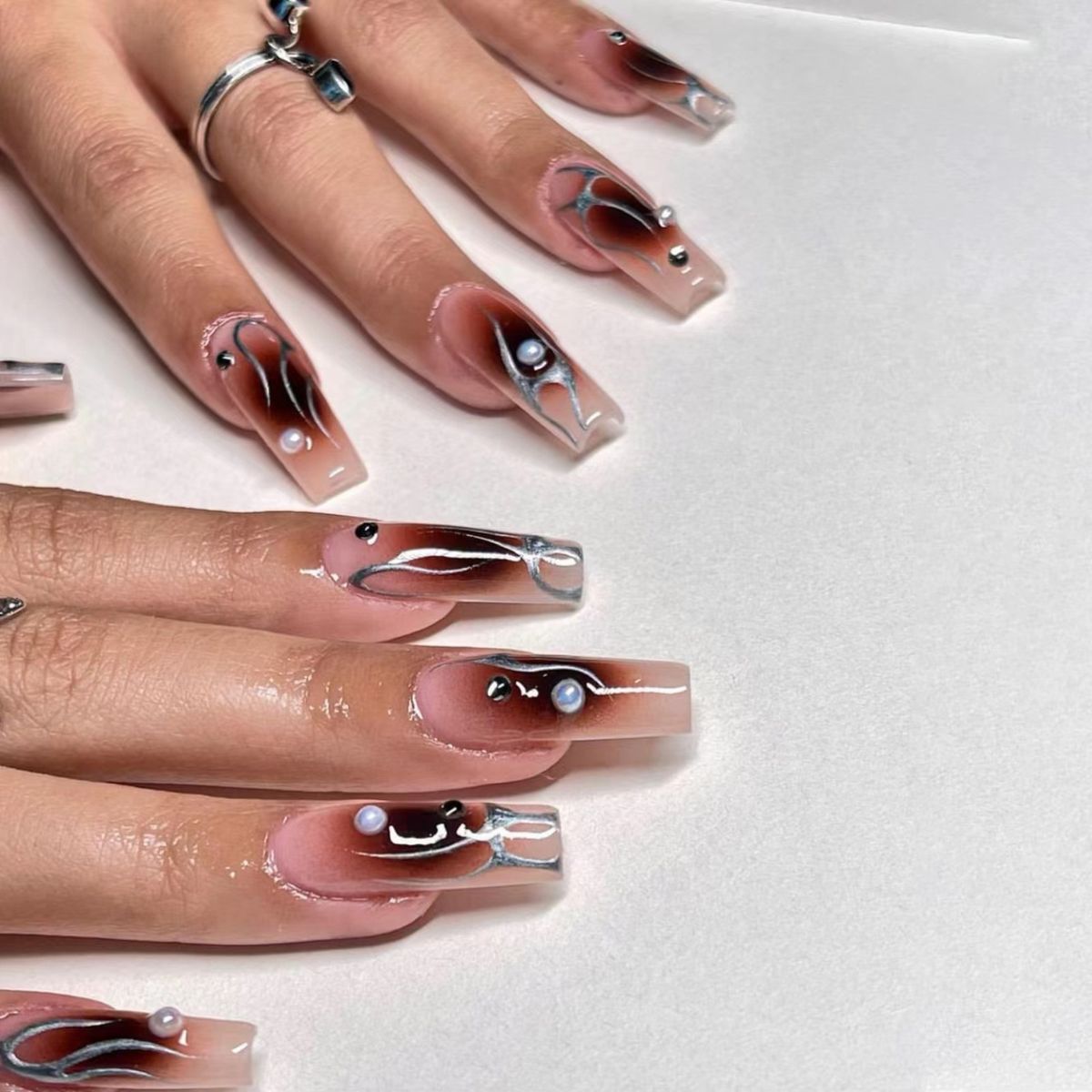 Bailarina, 24 Uds., uñas postizas francesas largas, diseño de diamantes de imitación de serpiente, uñas postizas, ataúd usable, prensa en uñas Ful_voghion.com