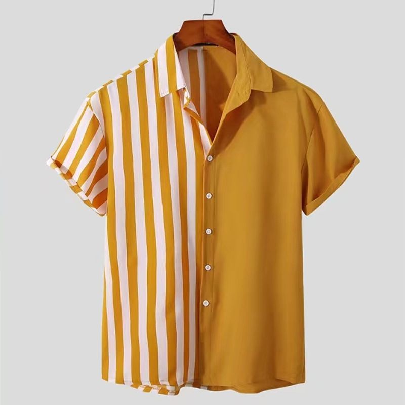 Chemise hawaïenne à rayures et à revers pour homme, décontractée, à manches courtes, nouvelle collection été_voghion.com