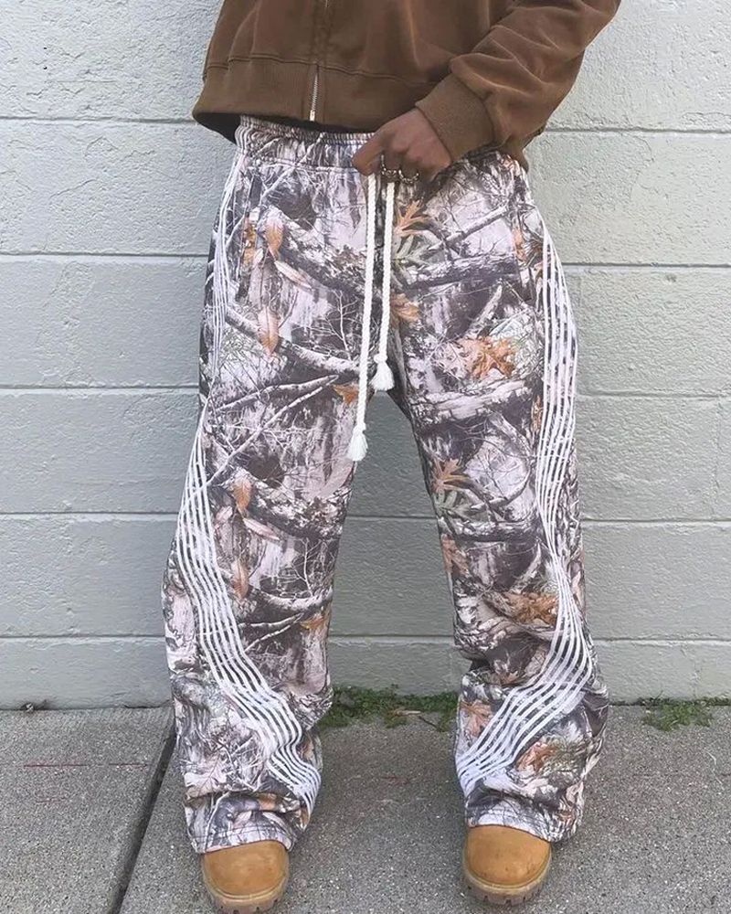 ​​Retro American Streetwear Cargo Pants – Camo & Leopard Print Drawstring Trousers (S-XL, 95% Polyester, Wrinkle-Free, Slight Stretch)​​_voghion.com