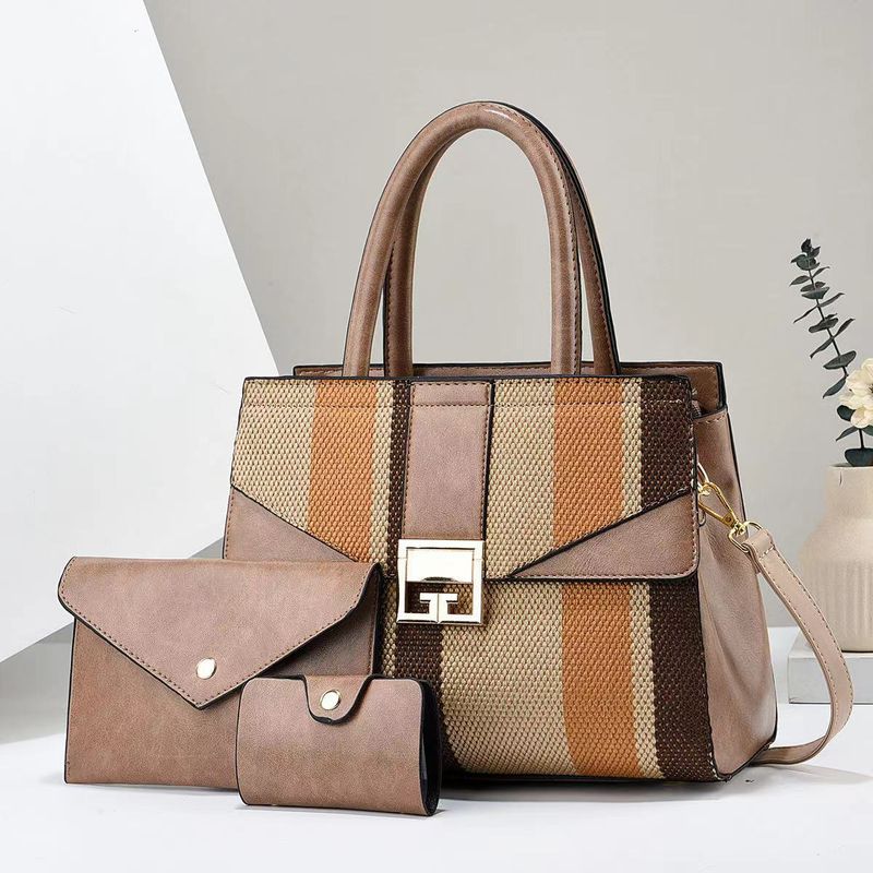 Damentaschen Mutter-Kind-Taschen, dreiteilige Handtaschen, Farbstreifen, trendige Taschen_voghion.com