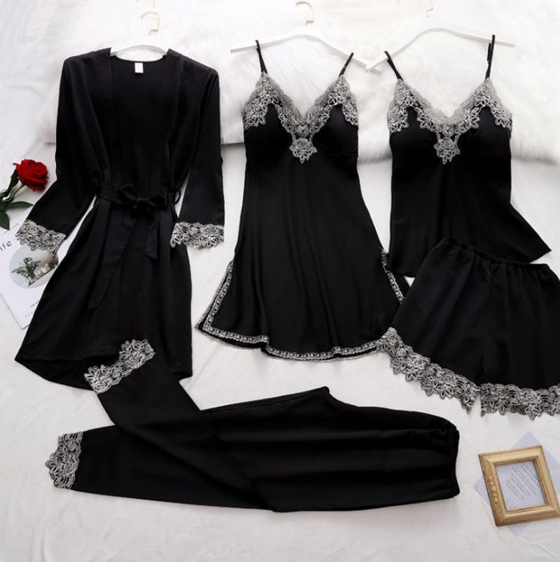 Women's Clothing Women's home clothes pajamas silk pajamas Sexy lingerie suspenders sexy five piece set_voghion.com
