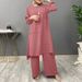 Elegante completo musulmano in due pezzi con camicetta a maniche lunghe e pantaloni a gamba larga – Moda modesta per le donne (cachi, oliva, blu navy, anguria)_voghion.com