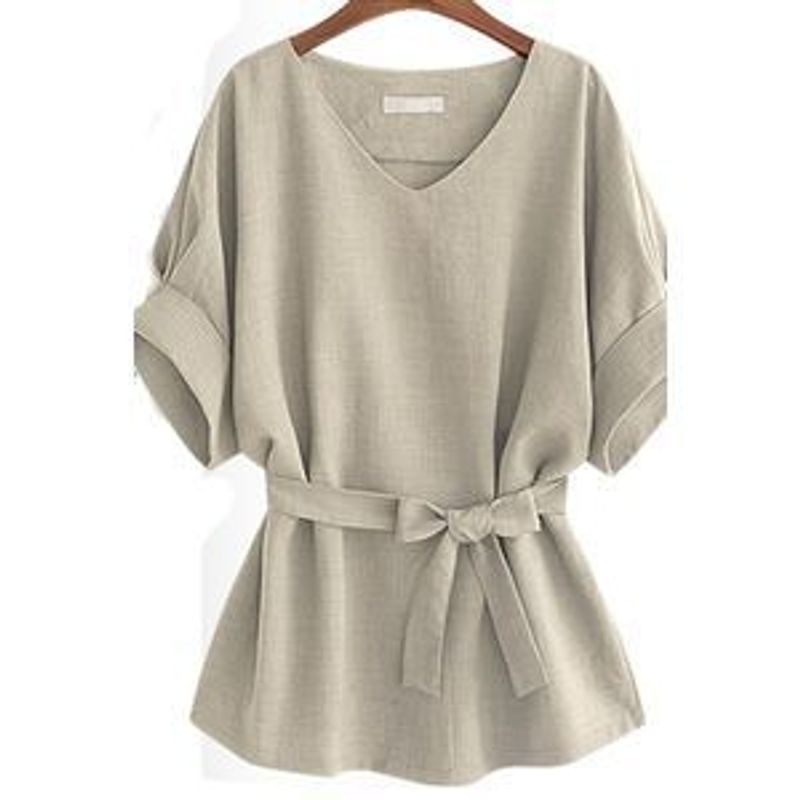 Camicia da donna a maniche corte in lino con scollo a V. Top in lino di cotone di grandi dimensioni con maniche a pipistrello_voghion.com