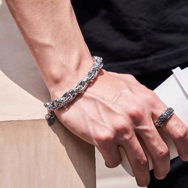 Hip-Hop Trendy 11MM Wide Men's Titanium Personality Fashion Versatile Simple X Pattern Stainless Steel Bracelet_voghion.com