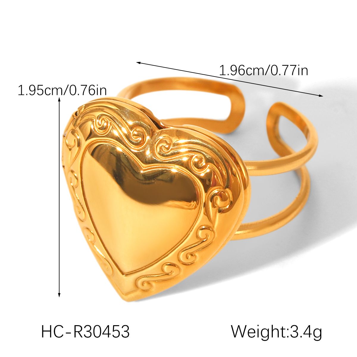 Herzring für Damen, Edelstahl vergoldet Fotobox verstellbarer Ring Modeschmuck Accessoires Geschenk_voghion.com