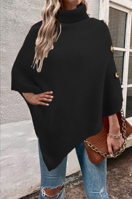 Damen-Cape-Poncho mit hohem Kragen, Strickpullover, Wickelmantel, weiche Polyestermischung, Oversized-Schnitt, Herbst- und Wintermode_voghion.com