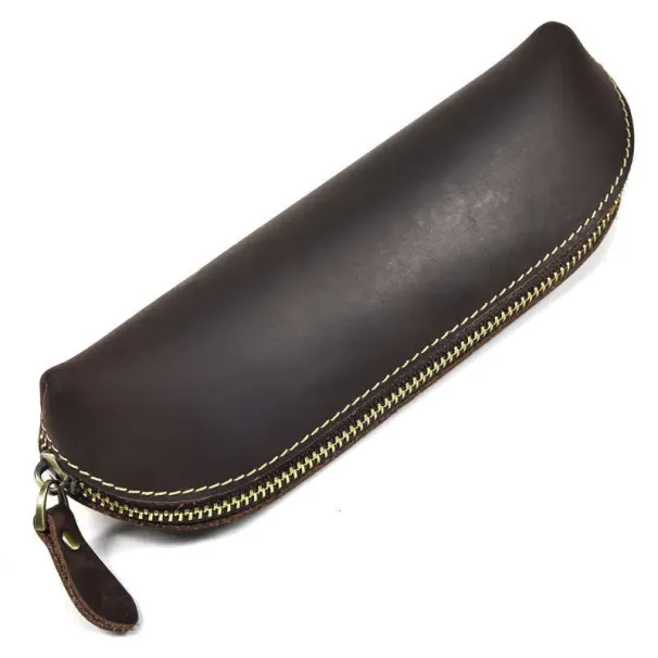 Astuccio portapenne fatto a mano in pelle Crazy Horse, semplice scatola per cancelleria per studenti, strato superiore in pelle di mucca, portapenne stilografiche con cerniera_voghion.com