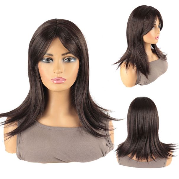 Synthetic Clip-in Ladies Brown Bangs Long Straight Hair High Temperature Silk Chemical Fiber Wigs_voghion.com