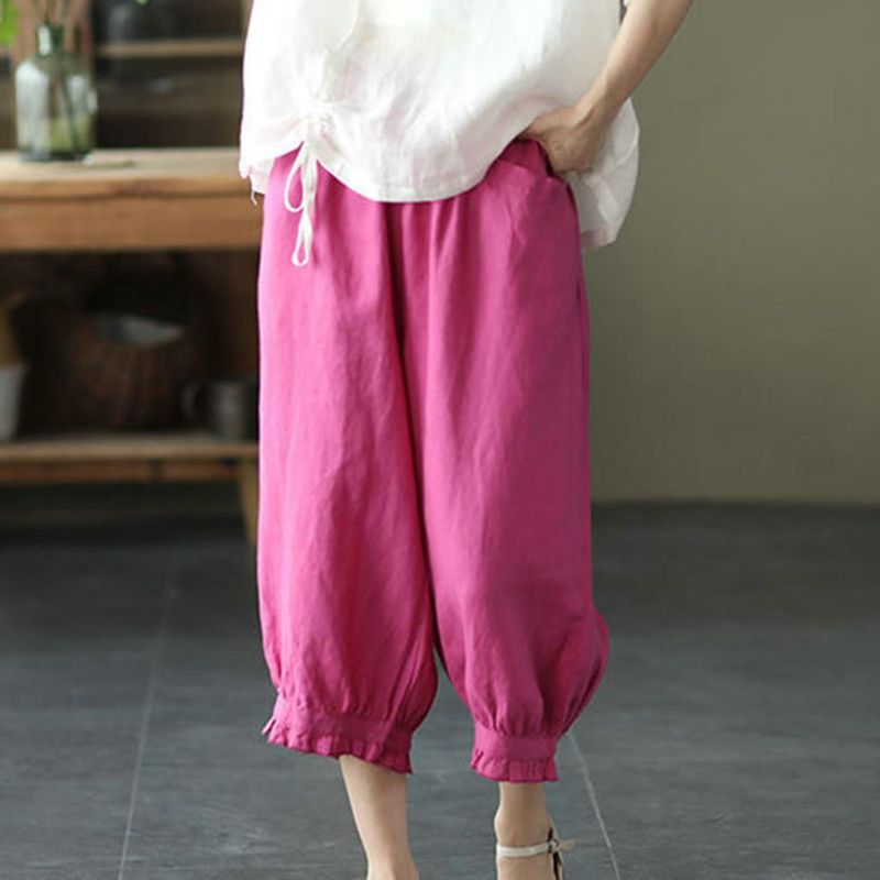 hot selling Women Harem Pants High Elastic Waist Loose Pockets Solid Color Soft Breathable Mid-calf Length Retro Casual Lady Summer_voghion.com