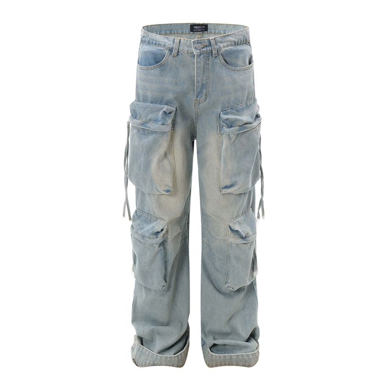 Men's Clothing Washed Distressed Multi Pocket Workwear Jeans For Men And Women, Same Style, Trendy Brand, Loose Wide Leg Straight Trousers_voghion.com
