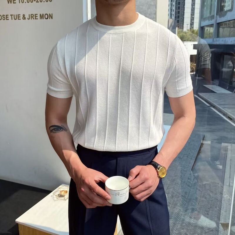 T-shirt en tricot léger et luxueux pour homme, nouveau t-shirt d'été à col rond et manches courtes, en laine fine_voghion.com