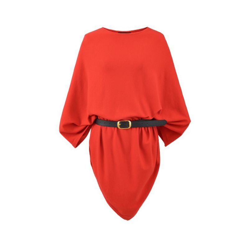 Women's Round Neck Belted Knit Sweater – Oversized Asymmetrical Hem (Big Red/Black/Off-White, One Size)_voghion.com