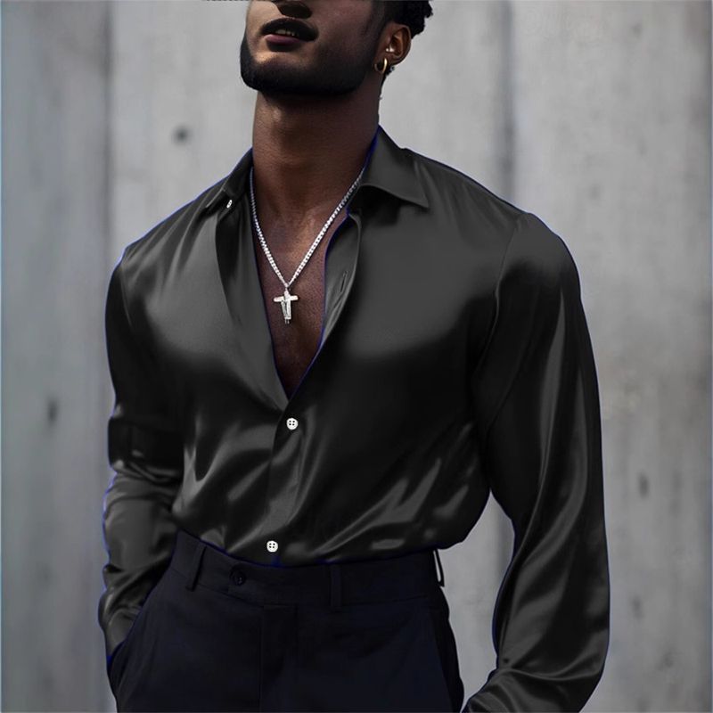 Men's Clothing Spring And Autumn New European And American Men's Solid Color Long Sleeve Shirt Home Leisure Silky Fashion Shirt Cross Border Men_voghion.com