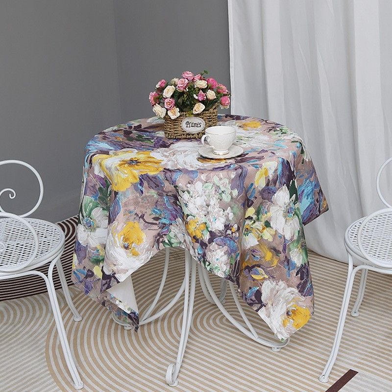 ​Impressionist Floral Tablecloth – Non-Slip, Heat-Resistant Rectangle Table Cover – 132×132/178/259cm Polyester, Green & Purple, Vintage Home Decor​_voghion.com