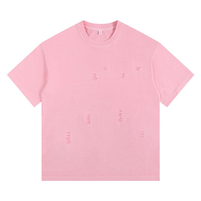 2025d 260g American Style Solid Color Crew Neck Distressed Cool Vintage Washed T-Shirt With Embroidered Text_voghion.com