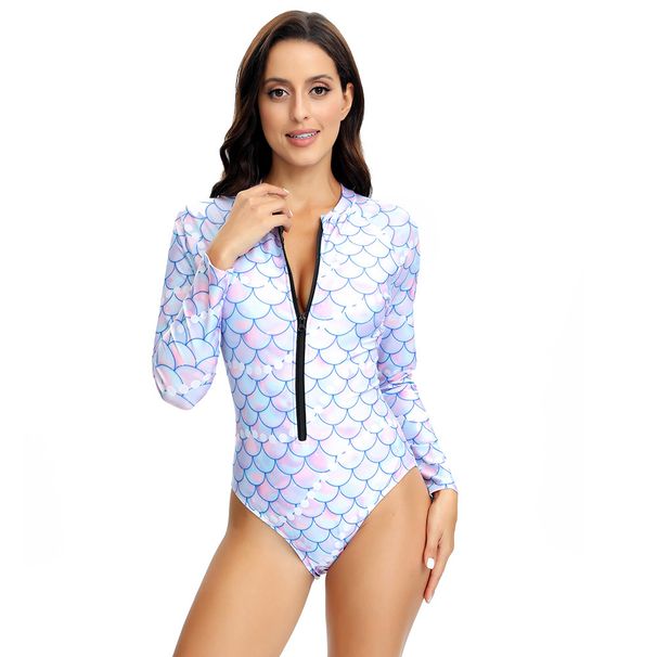 Roupas femininas esportivas competitivas, maiô para mulheres, manga comprida, estampa multicolorida, zíper, peça única, mergulho com snorkel, surfe_voghion.com