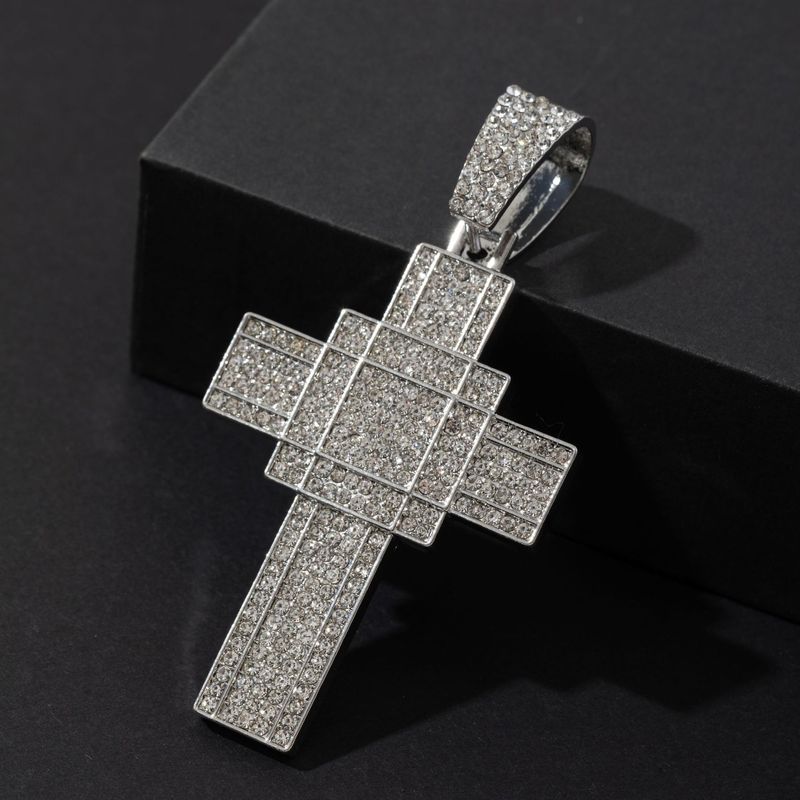 Colar com pingente de cruz de diamante completo, joias e acessórios hip hop, pingente de liga de hip hop_voghion.com