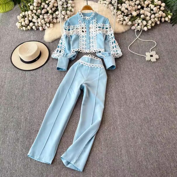 Roupas femininas estilo palácio retrô lanterna manga comprida gola alta renda vazada top conjunto de duas peças cintura alta temperamento calças profissionais_voghion.com