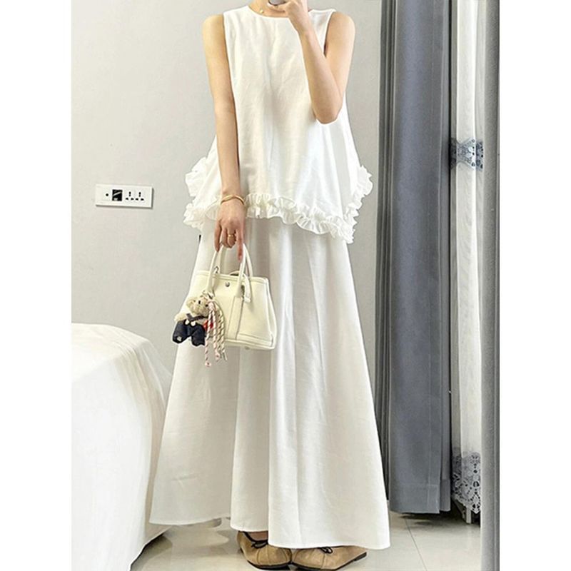 Ensemble été 2025 pour femme : débardeur sans manches à volants et jupe assortie, style rajeunissant._voghion.com